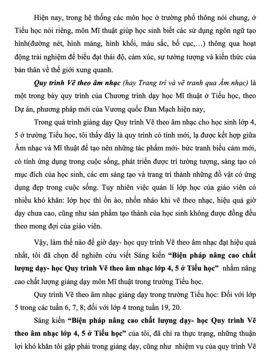 SKKN Biện pháp nâng cao chất lượng dạy - Học quy trình vẽ theo âm nhạc lớp 4, 5 ở tiểu học
