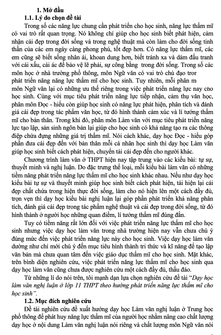 SKKN Dạy học làm văn nghị luận ở lớp 11 THPT theo hướng phát triển năng lực thẩm mĩ cho học sinh
