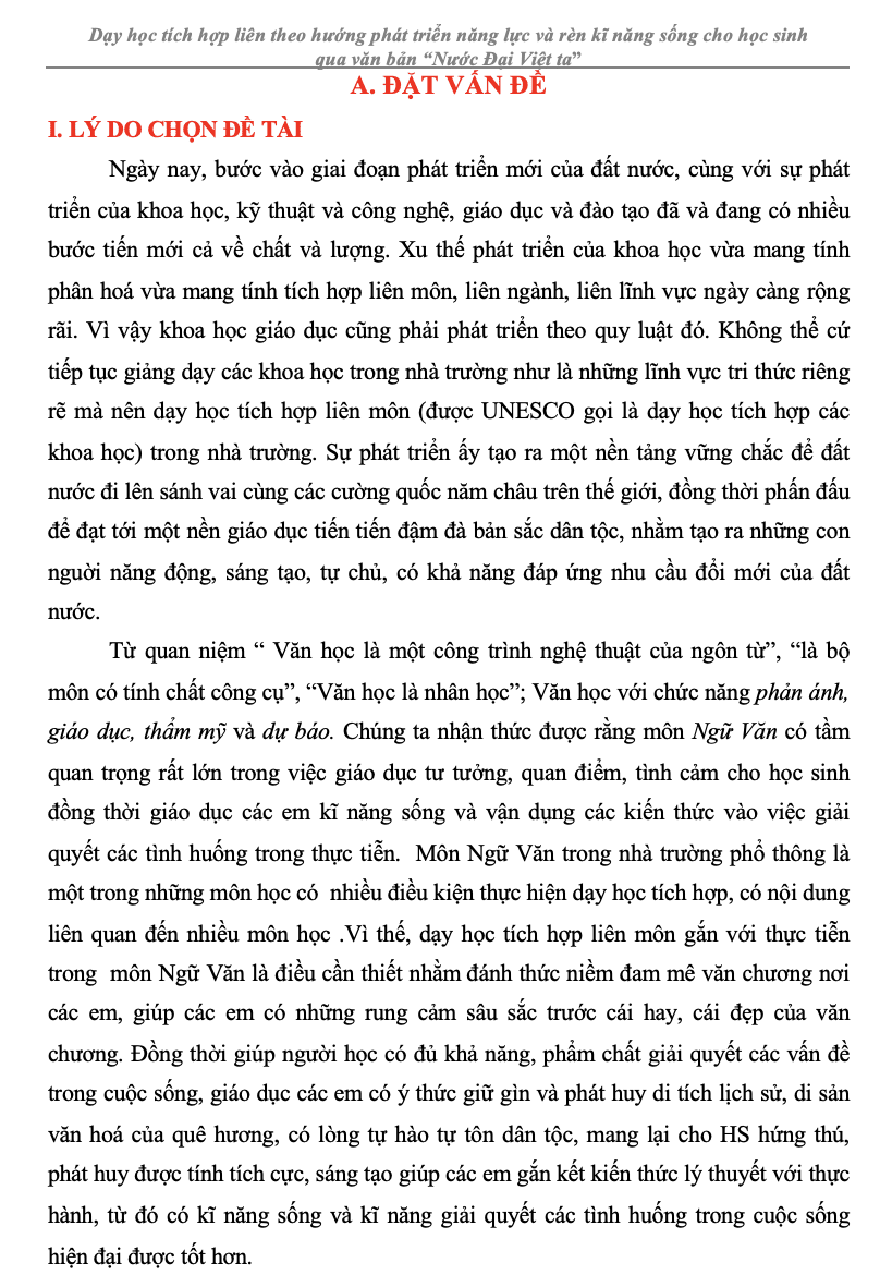 SKKN Dạy học tích hợp liên theo hướng phát triển năng lực và rèn kĩ năng sống cho học sinh qua văn bản "Nước Đại Việt ta"