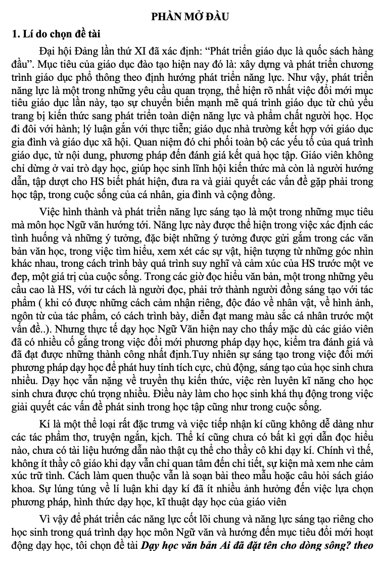 SKKN Dạy học văn bản Ai đã đặt tên cho dòng sông? theo hướng phát triển năng lực sáng tạo cho học sinh