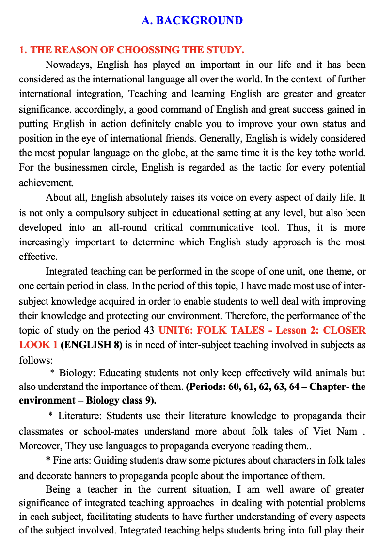 SKKN Educating students keep reading the folk tales of Viet Nam through intergrated teaching period 43 unit 6: a closer look 1 – English 8