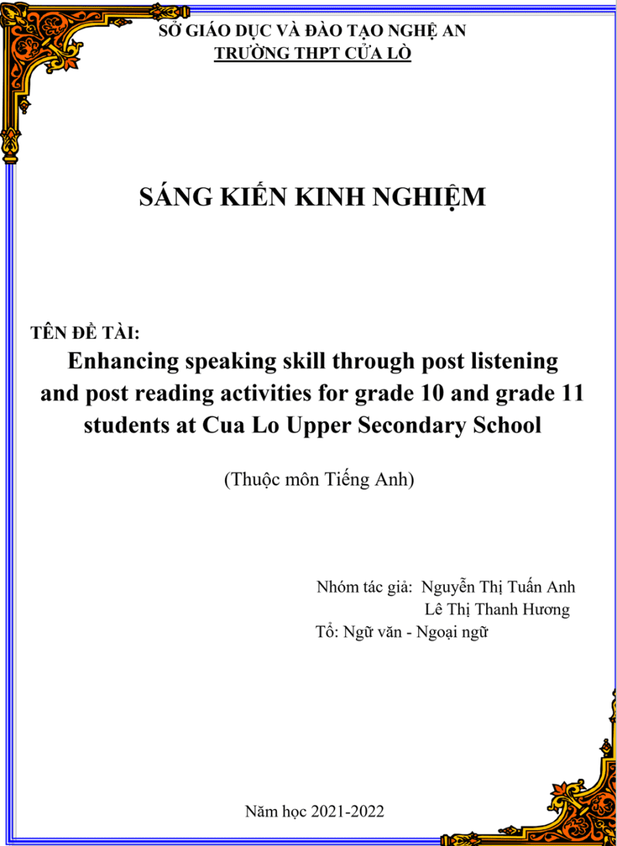 SKKN Enhancing speaking skill through post listening and post reading activities for grade 10 and grade 11