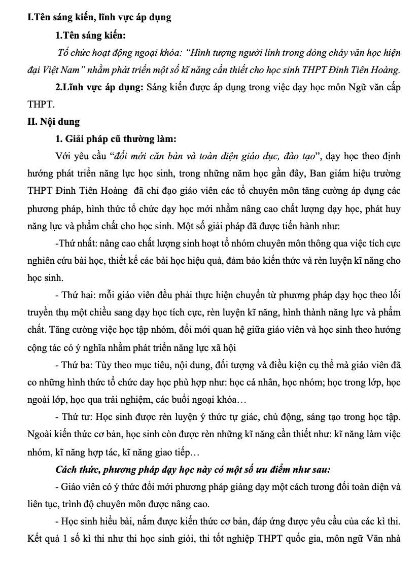 SKKN Hình tượng người lính trong dòng chảy văn học hiện đại Việt Nam” nhằm phát triển một số kĩ năng cần thiết cho học sinh