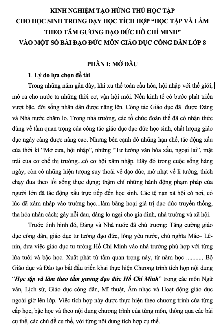 SKKN Kinh nghiệm tạo hứng thú học tập cho học sinh trong dạy học tích hợp “học tập và làm theo tấm gương đạo đức hồ chí minh” vào một số bài đạo đức môn Giáo dục công dân lớp 8