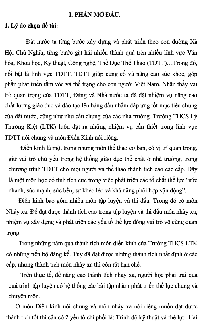 SKKN Lựa chọn một số bài tập nhằm phát triển thể lực chuyên môn trong nhảy xa cho học sinh lớp 8