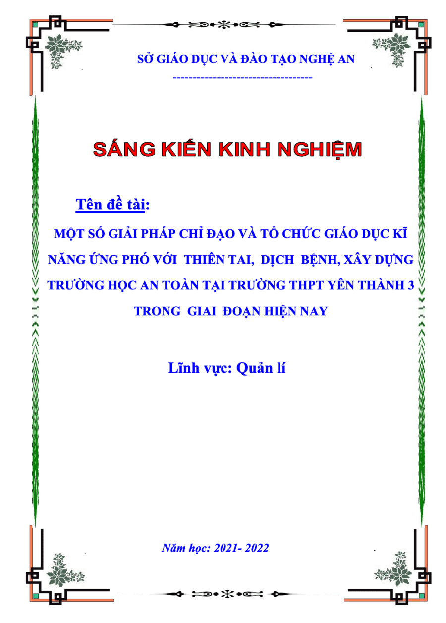 SKKN Một số giải pháp chỉ đạo và tổ chức giáo dục kĩ năng ứng phó với thiên tai, dịch bệnh, xây dựng trường học an toàn tại trường THPT