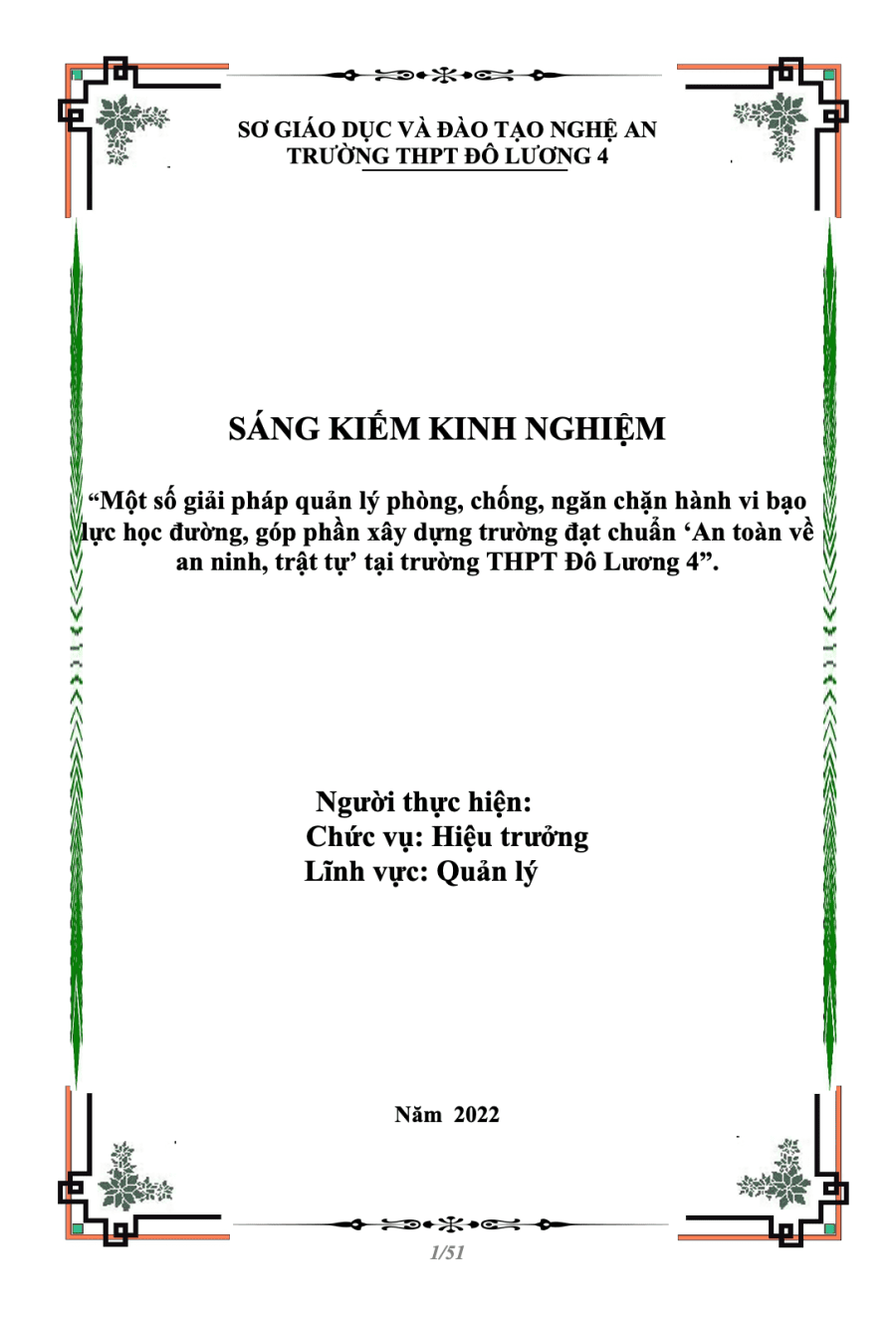 SKKN Một số giải pháp quản lý phòng, chống, ngăn chặn hành vi bạo lực học đường, góp phần xây dựng trường đạt chuẩn ‘An toàn về an ninh, trật tự’ tại trường THPT