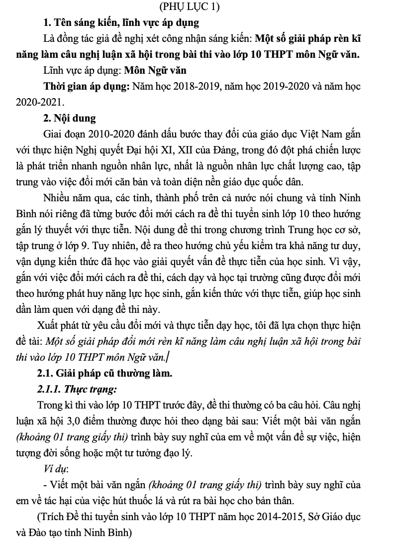 SKKN Một số giải pháp rèn kĩ năng làm câu nghị luận xã hội trong bài thi vào lớp 10 THPT môn Ngữ văn