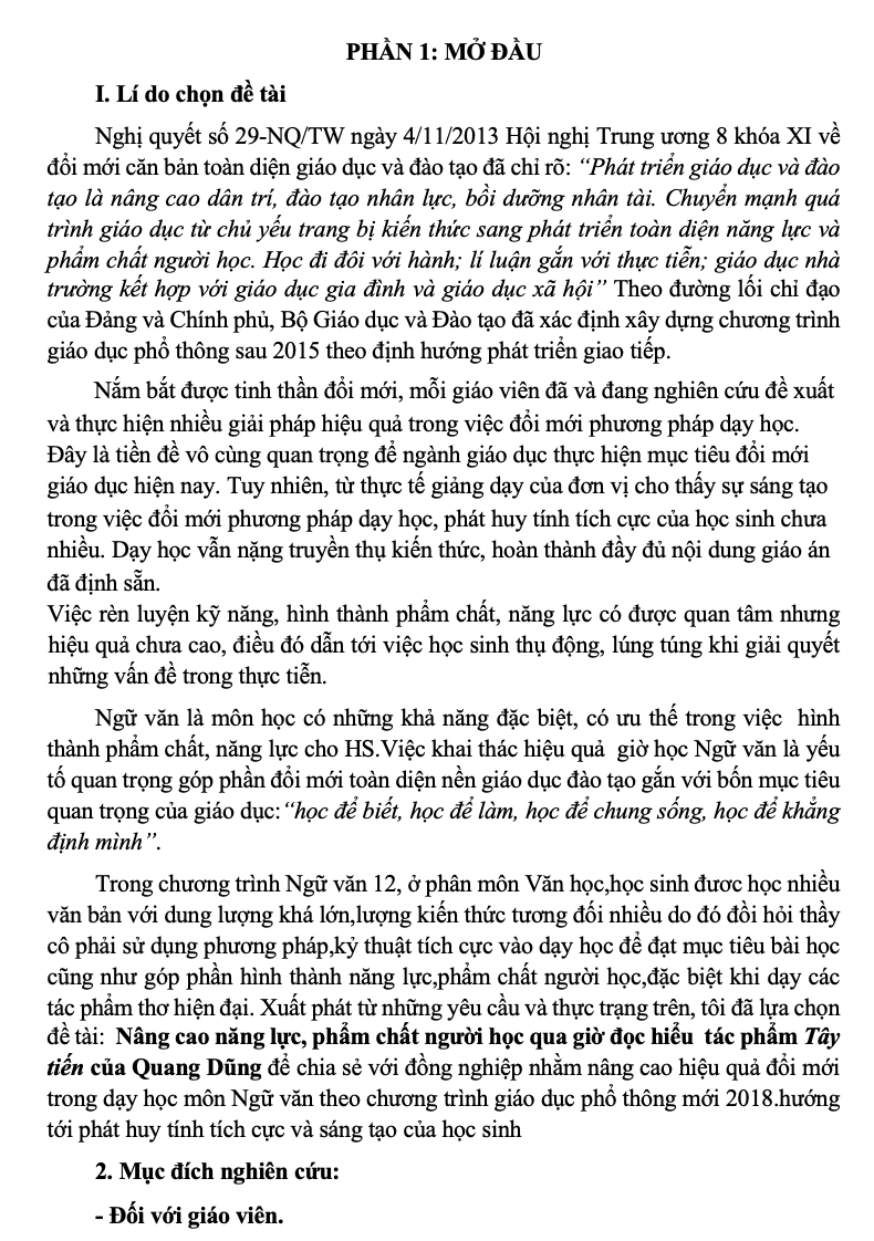 SKKN Nâng cao năng lực, phẩm chất người học qua giờ đọc hiểu tác phẩm Tây tiến của Quang Dũng