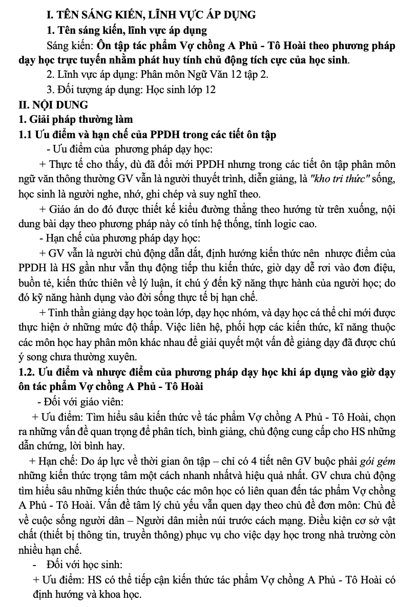 SKKN Ôn tập tác phẩm Vợ chồng A Phủ - Tô Hoài theo phương pháp dạy học trực tuyến nhằm phát huy tính chủ động tích cực của học sinh