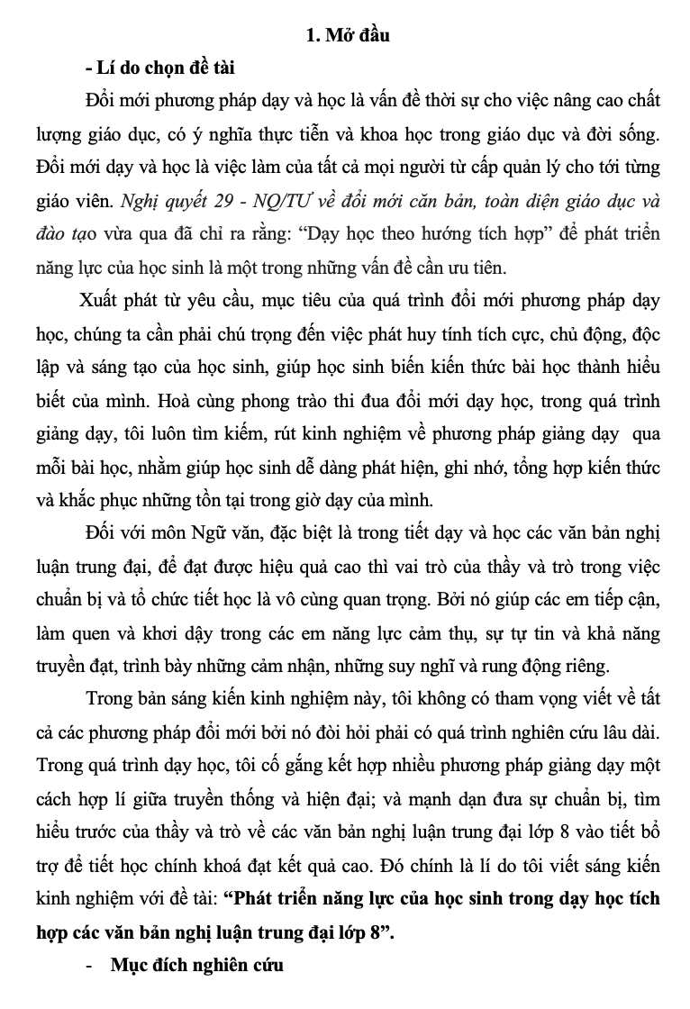 SKKN Phát triển năng lực của học sinh trong dạy học tích hợp các văn bản nghị luận trung đại lớp 8