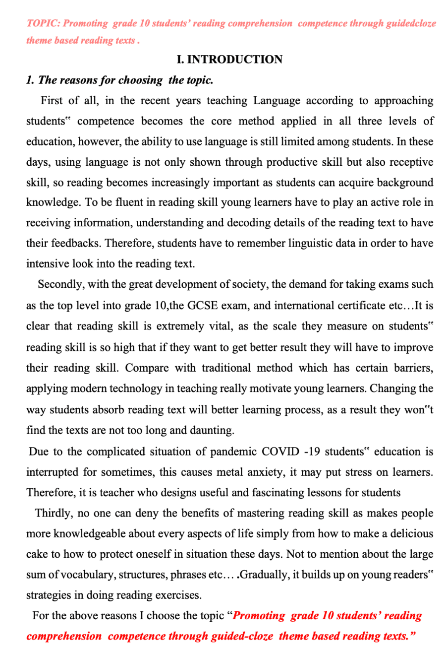 SKKN Promoting grade 10 students’ reading comprehension competence through guided- cloze theme based reading texts