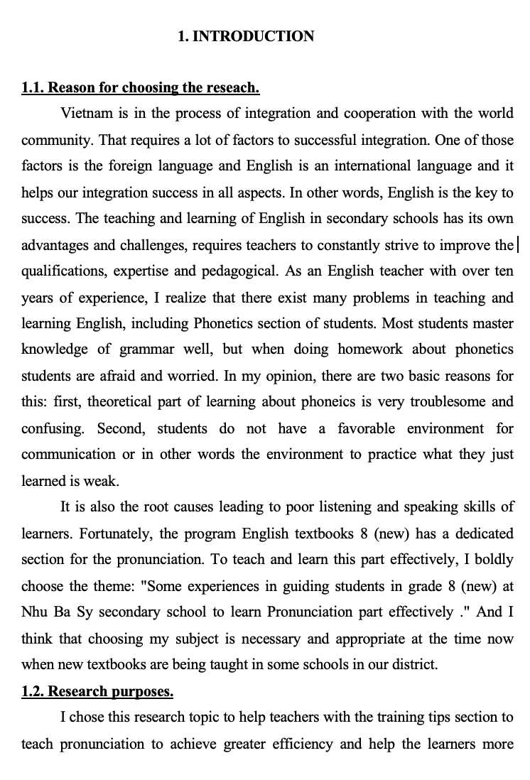 SKKN Some experiences in guiding students in grade 8 (new) at Nhu Ba Sy secondary school to learn Pronunciation part effectively