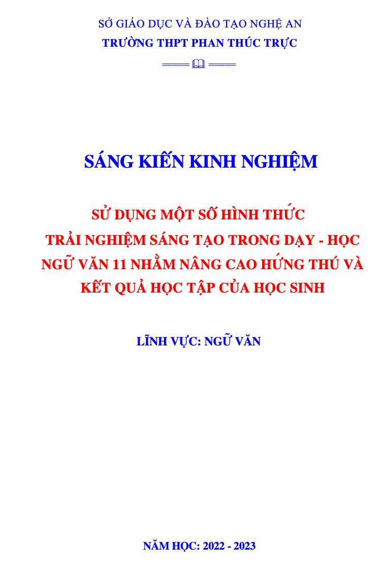 SKKN Sử dụng một số hình thức trải nghiệm sáng tạo trong dạy - học Ngữ văn 11 nhằm nâng cao hứng thú và kết quả học tập của học sinh