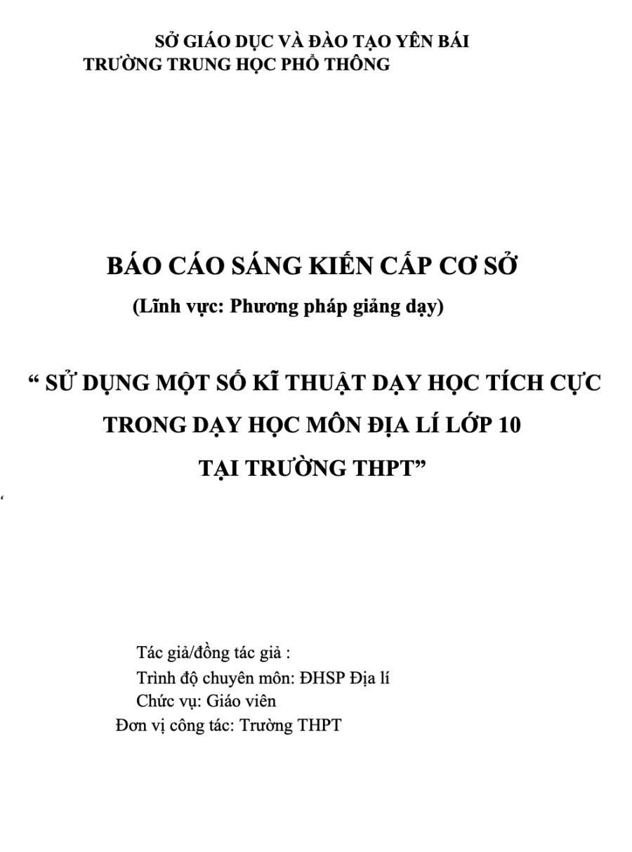 SKKN Sử dụng một số kĩ thuật dạy học tích cực trong dạy học môn Địa lí lớp 10