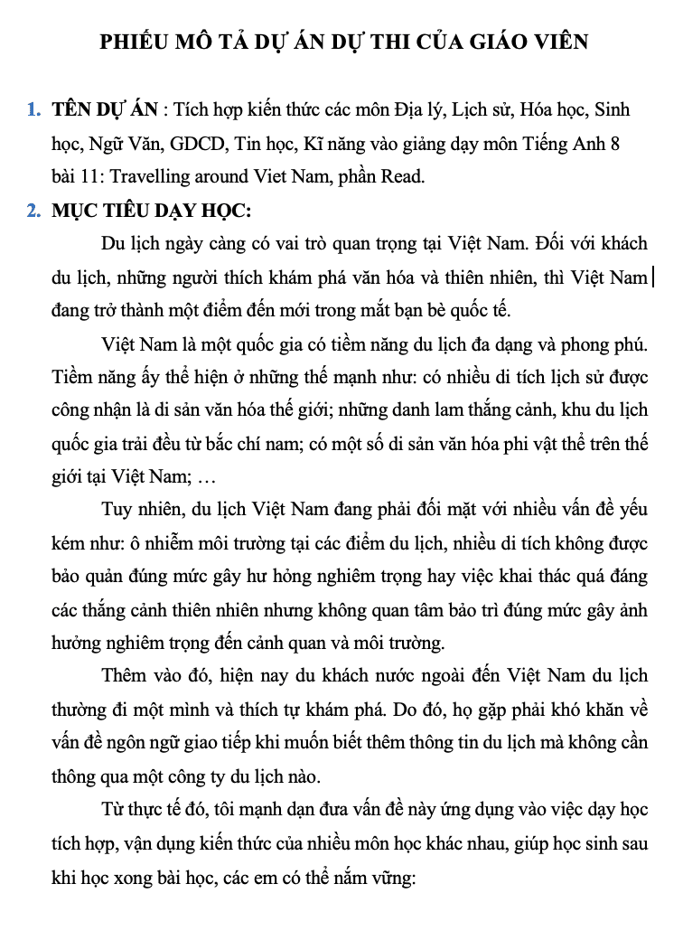 SKKN Tích hợp kiến thức các môn Địa lý, Lịch sử, Hóa học, Sinh học, Ngữ Văn, GDCD, Tin học, Kĩ năng vào giảng dạy môn Tiếng Anh 8 - Bài 11: Travelling around Viet Nam, phần Read