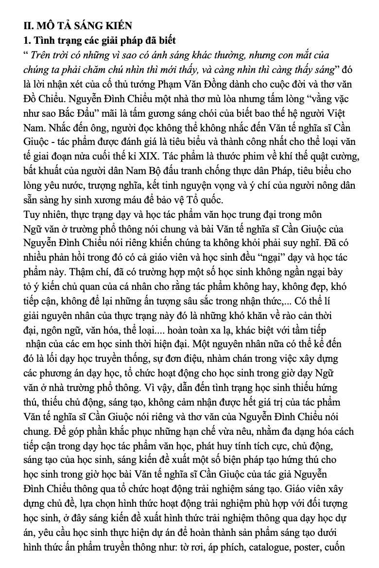 SKKN Tổ chức hoạt động trải nghiệm sáng tạo dạy học bài "Văn tế nghĩa sĩ Cần Giuộc" của tác giả Nguyễn Đình Chiểu trong chương trình Ngữ văn 11