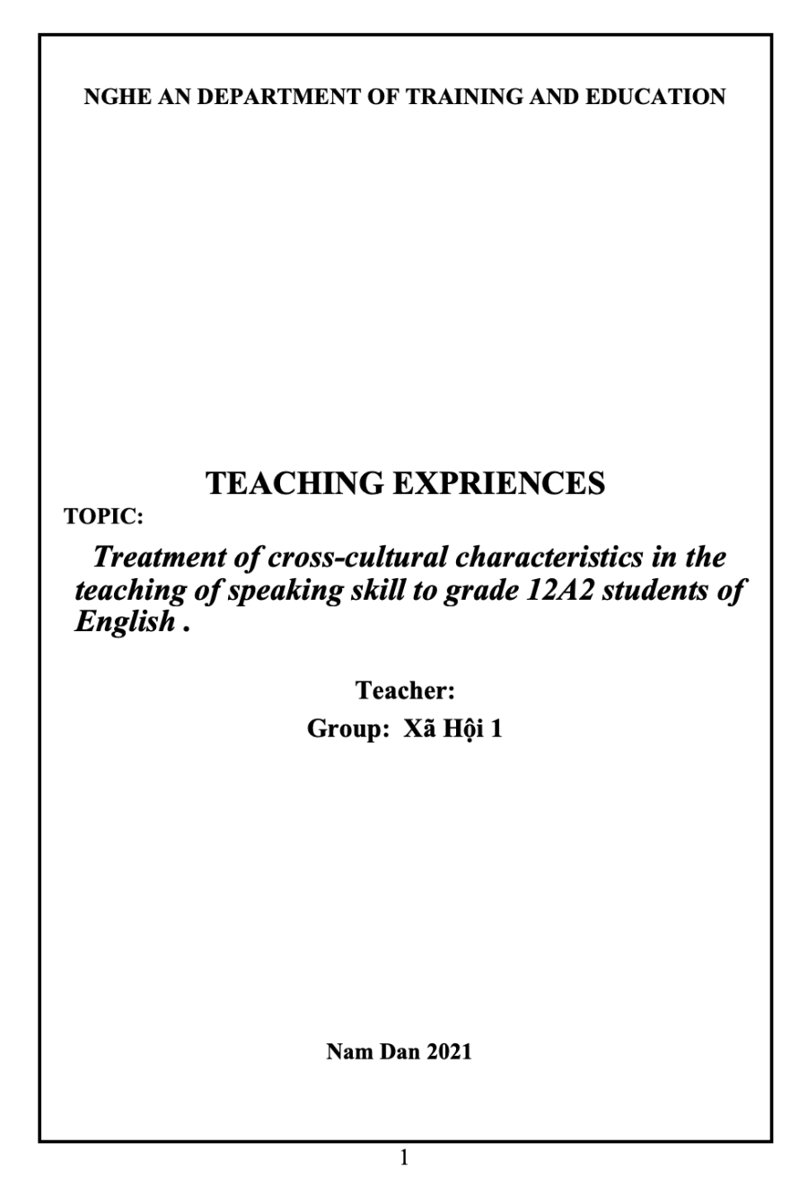 SKKN Treatment of cross-cultural characteristics in the teaching of speaking skill to grade 12A2 students of English in Nam Dan 1 upper secondary school