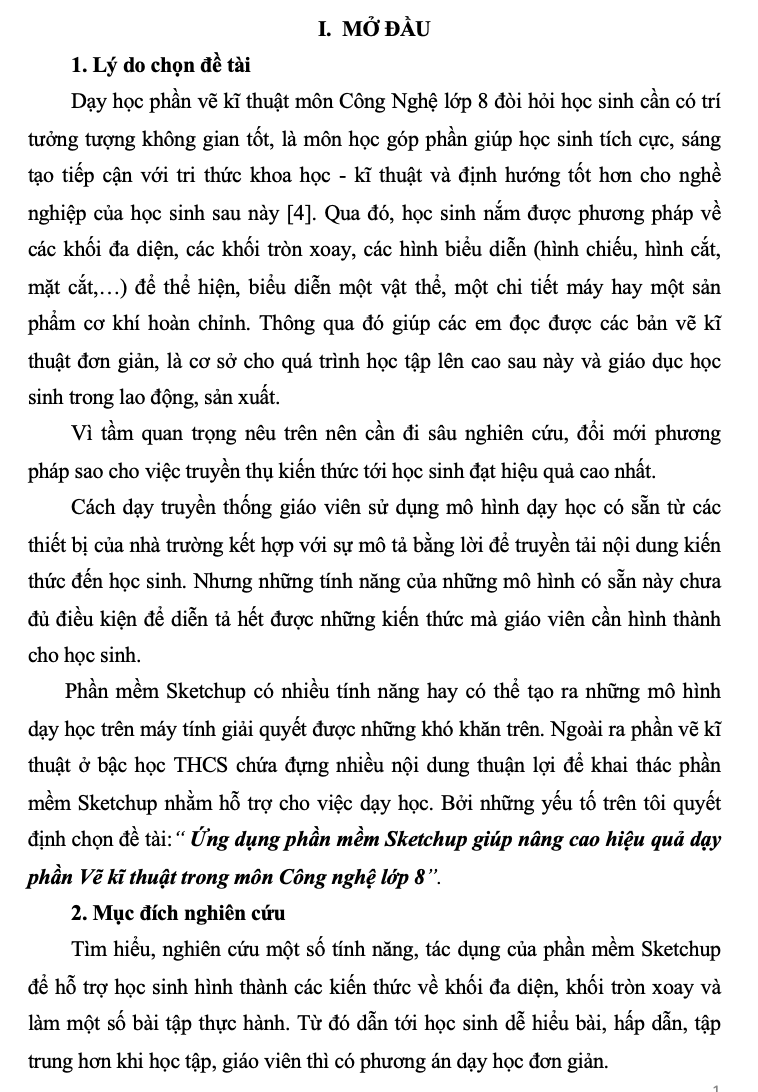 SKKN Ứng dụng phần mềm Sketchup giúp nâng cao hiệu quả dạy phần Vẽ kĩ thuật trong môn Công nghệ lớp 8