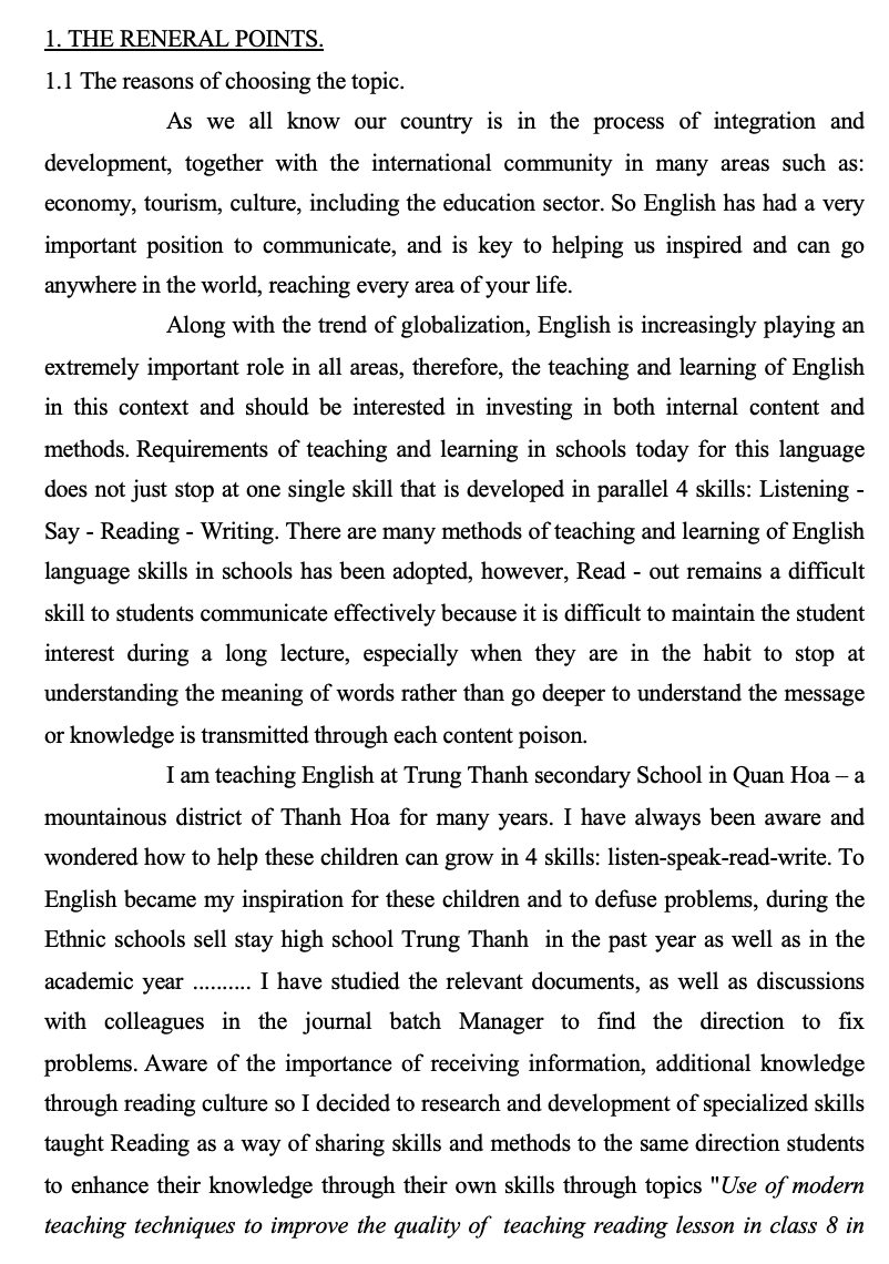 SKKN Use of modern teaching techniques to improve the quality of teaching reading lesson in class 8