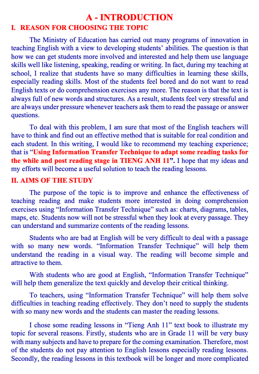 SKKN Using Information Transfer Technique to adapt some reading tasks for the while and post reading stage in TIENG ANH 11
