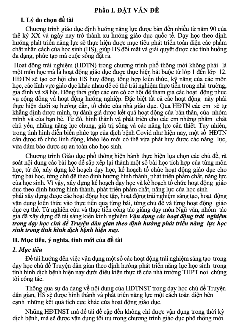 SKKN Vận dụng các hoạt động trải nghiệm trong dạy học chủ đề Truyện dân gian theo định hướng phát triển năng lực học sinh trong tình hình dịch bệnh hiện nay