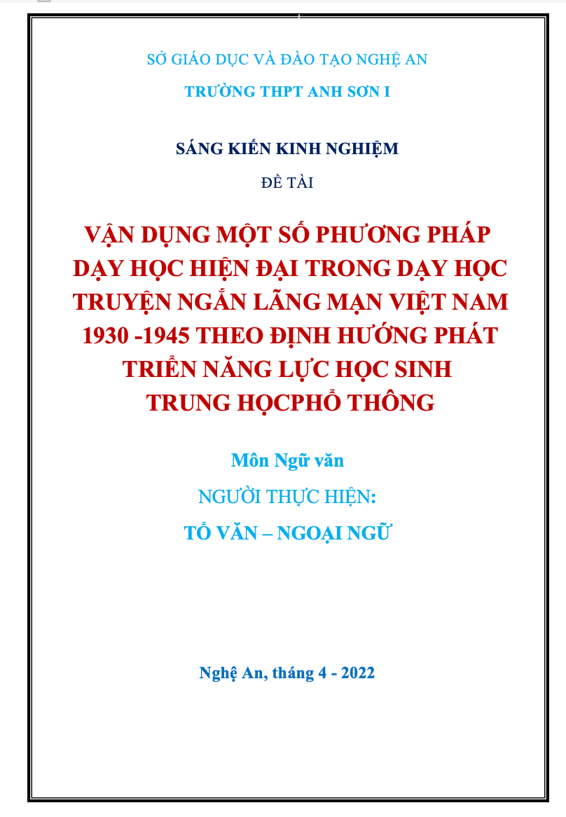 SKKN Vận dụng một số phương pháp dạy học hiện đại trong dạy học truyện ngắn lãng mạn Việt Nam 1930 – 1945 theo định hướng phát triển năng lực học sinh THPT