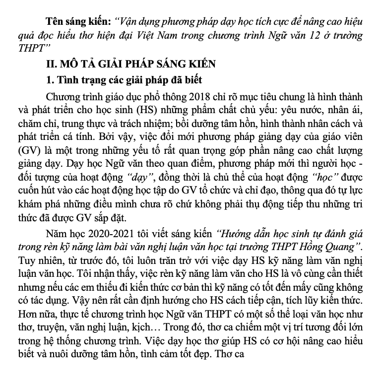 SKKN Vận dụng phương pháp dạy học tích cực để nâng cao hiệu quả đọc hiểu thơ hiện đại Việt Nam trong chương trình ngữ văn 12 ở trường THPT