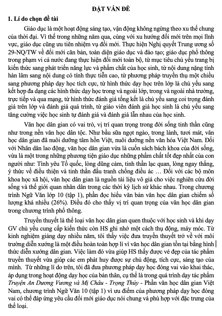 SKKN Vận dụng phương pháp đóng vai vào dạy học văn bản Truyện An Dương Vương và Mị Châu - Trọng Thủy trong chương trình Ngữ Văn 10 tập 1