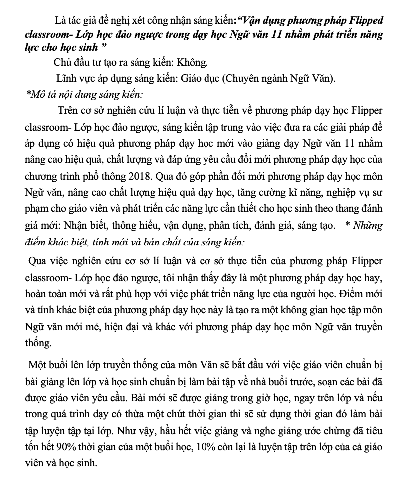 SKKN Vận dụng phương pháp Flipper classroom- Lớp học đảo ngược trong dạy học Ngữ văn 11 nhằm phát triển năng lực cho học sinh