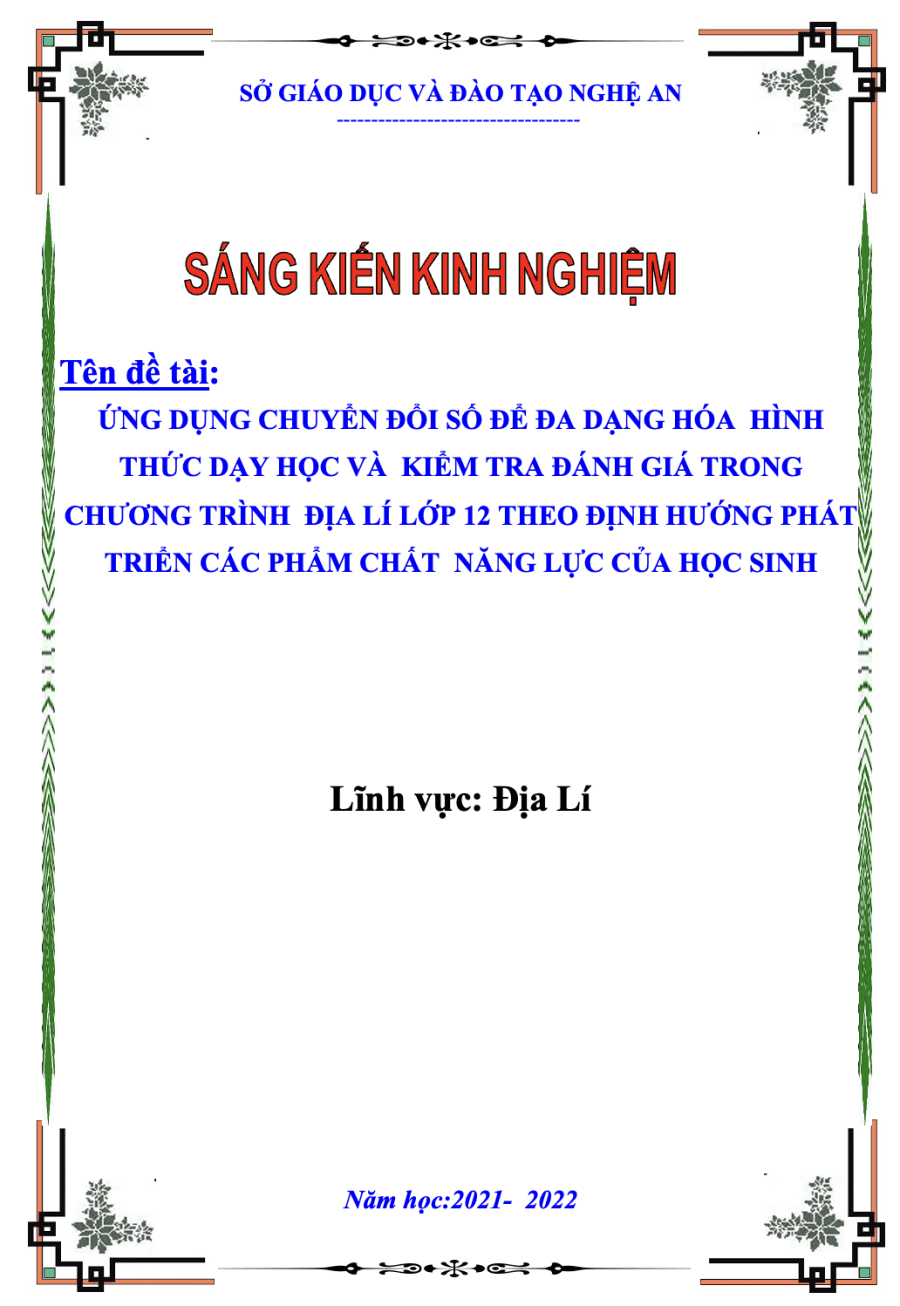 Ứng dụng chuyển đổi số để đa dạng hóa hình thức dạy học và kiểm tra đánh giá trong chương trình Địa lí lớp 12 theo định hướng phát triển các phẩm chất, năng lực của học sinh