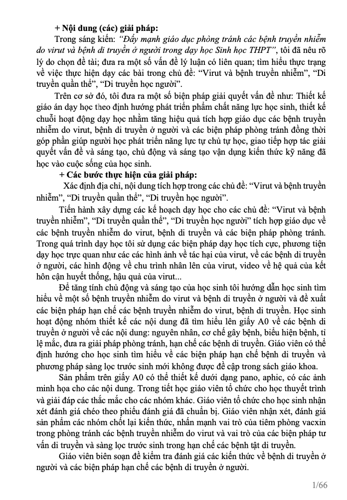 SKKN Đẩy mạnh giáo dục phòng tránh bệnh truyền nhiễm do virut và bệnh di truyền ở người trong dạy học Sinh học THPT