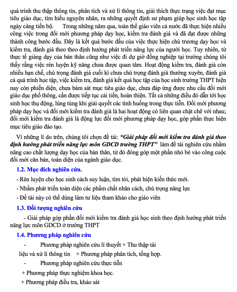 SKKN Giải pháp đổi mới kiểm tra đánh giá theo định hướng phát triển năng lực môn GDCD trường THPT