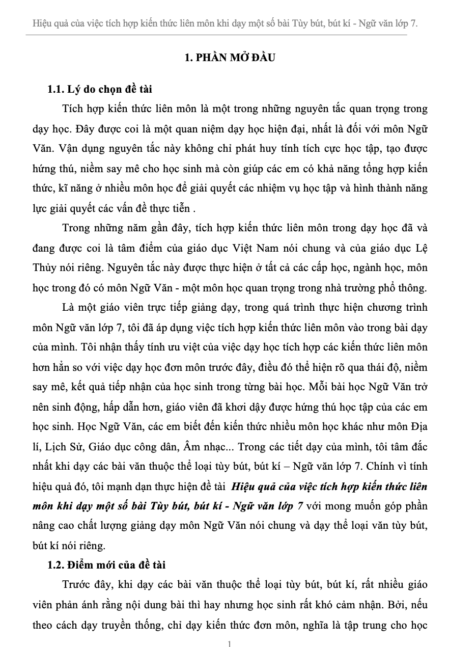 SKKN Hiệu quả của việc tích hợp kiến thức liên môn khi dạy một số bài Tùy bút, bút kí - Ngữ văn lớp 7