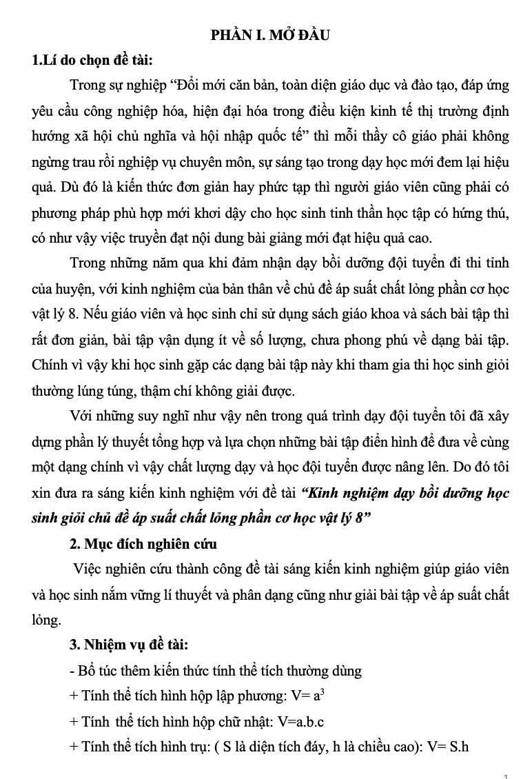 SKKN Kinh nghiệm dạy bồi dưỡng học sinh giỏi chủ đề áp suất chất lỏng phần cơ học Vật lý 8