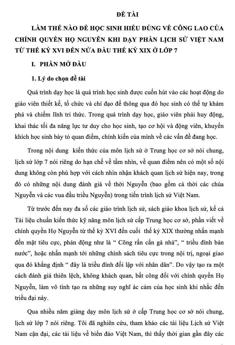 SKKN Làm thế nào để học sinh hiểu đúng về công lao của chính quyền họ nguyễn khi dạy phần lịch sử Việt Nam từ thế kỷ XVI đến nửa đầu thế kỷ XIX ở lớp 7