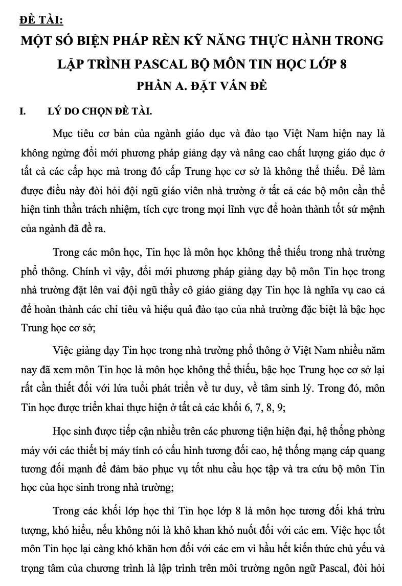 SKKN Một số biện pháp rèn kỹ năng thực hành trong lập trình pascal bộ môn tin học lớp 8