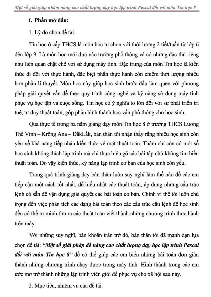 SKKN Một số giải giáp nhằm nâng cao chất lượng dạy học lập trình Pascal đối với môn Tin học 8