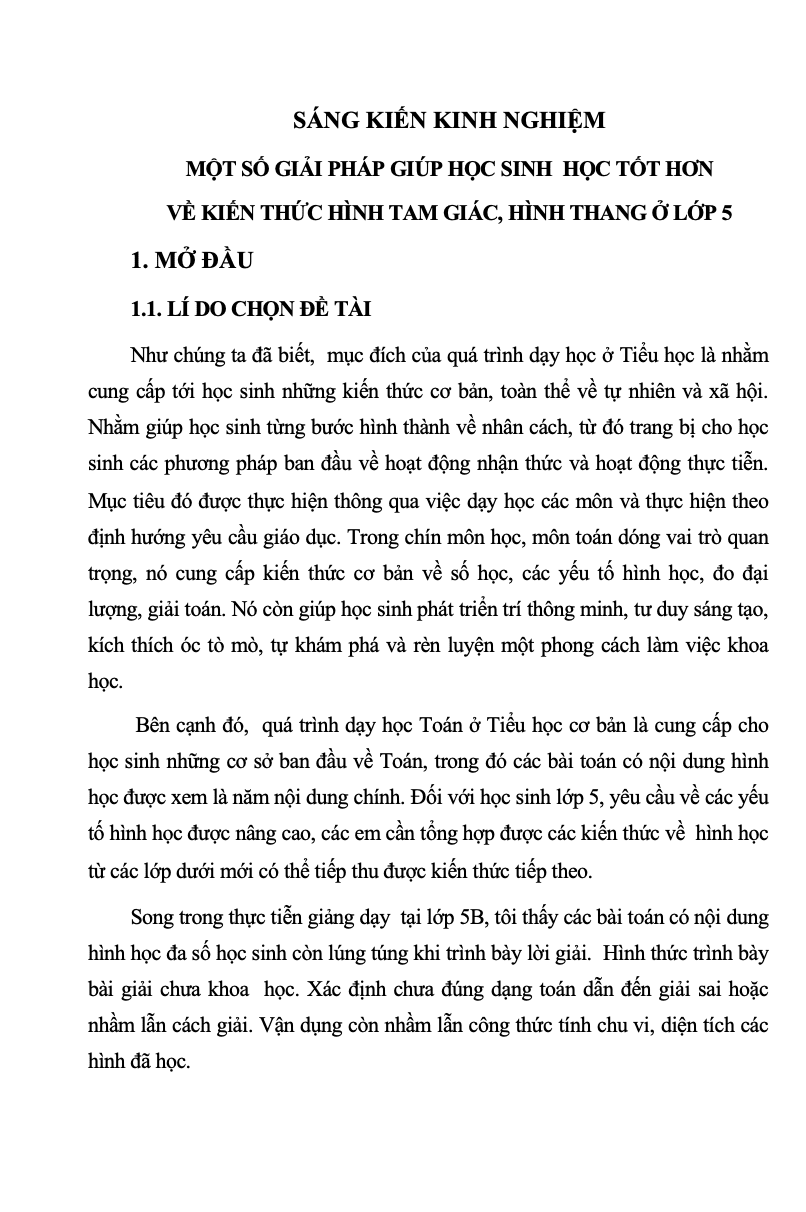 SKKN Một số giải pháp giúp học sinh học tốt hơn về kiến thức hình tam giác, hình thang ở lớp 5