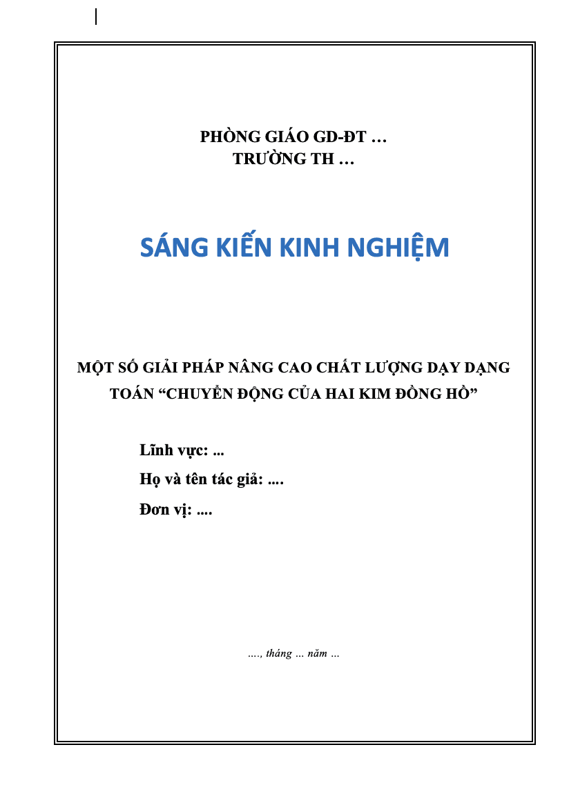 SKKN Một số giải pháp nâng cao chất lượng dạy dạng toán: Chuyển động của hai kim đồng hồ