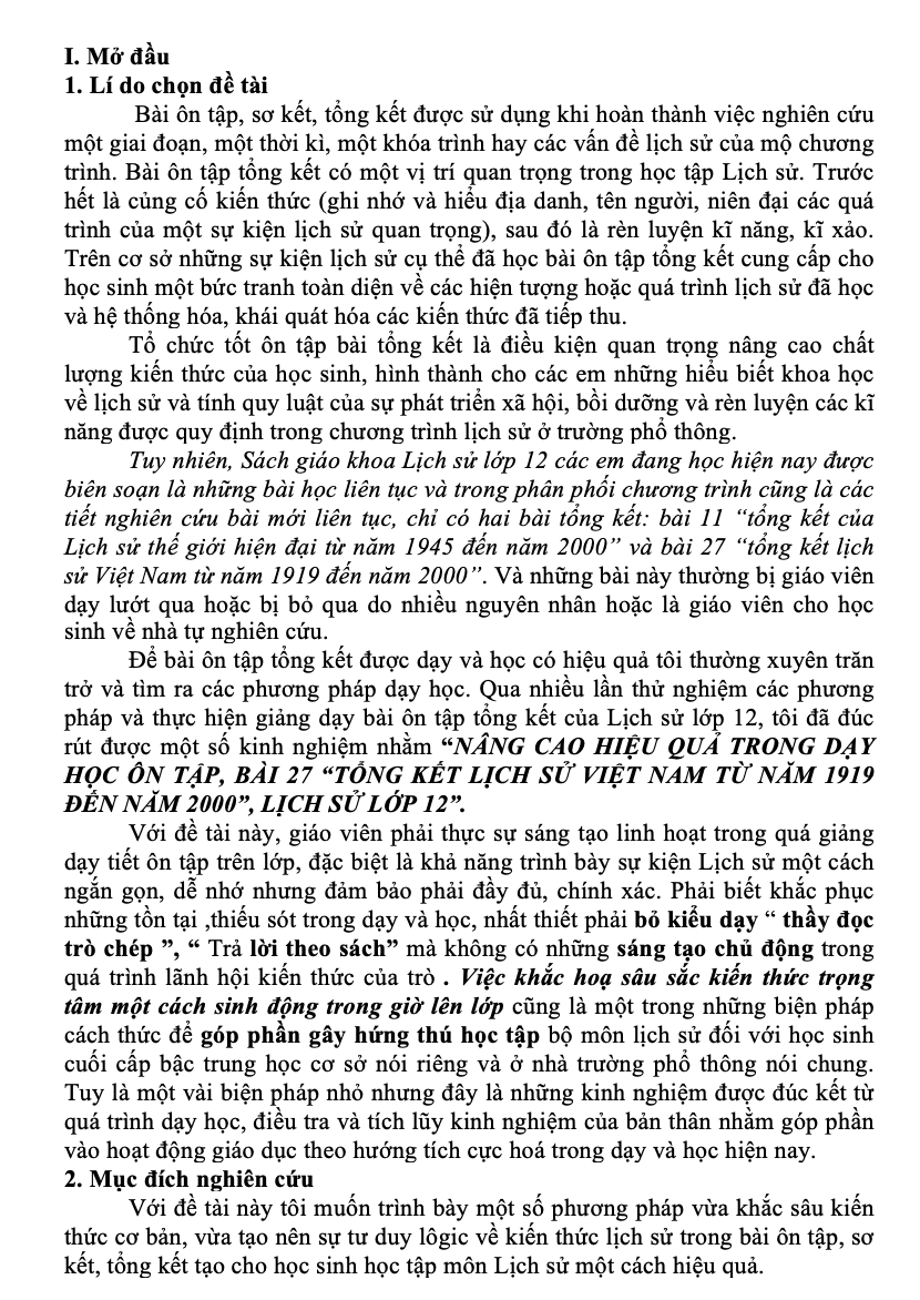 SKKN Nâng cao hiệu quả trong dạy học ôn tập bài 27 “tổng kết lịch sử Việt Nam từ năm 1919 đến năm 2000”, Lịch sử lớp 12 (chương trình cơ bản)