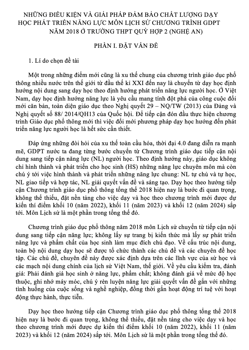 SKKN Những điều kiện và giải pháp đảm bảo chất lượng dạy học phát triển năng lực môn Lịch sử chương trình GDPT năm 2018