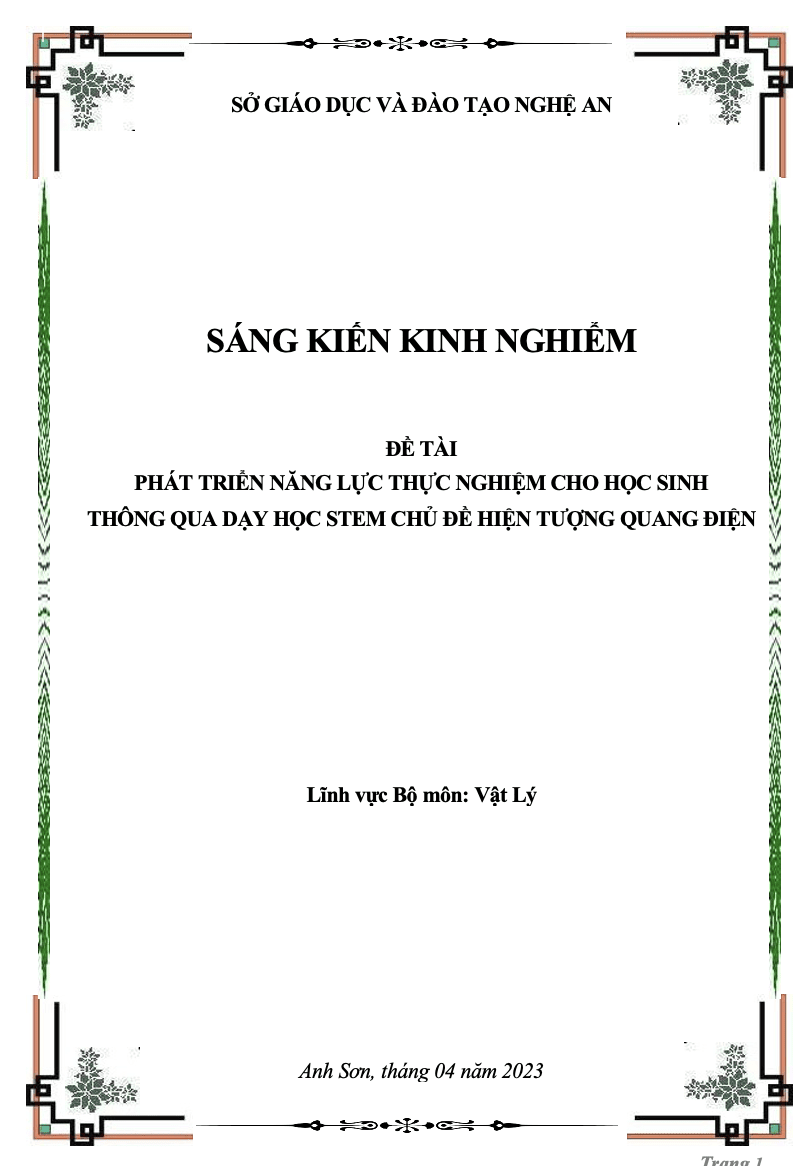 SKKN Phát triển năng lực thực nghiệm cho học sinh thông qua dạy học STEM Hiện tượng quang điện