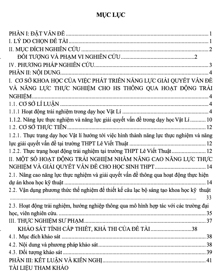 SKKN Phát triển năng lực thực nghiệm và giải quyết vấn đề cho học sinh thông qua việc tổ chức một số hoạt động trải nghiệm, hướng nghiệp trong dạy học Vật lí THPT