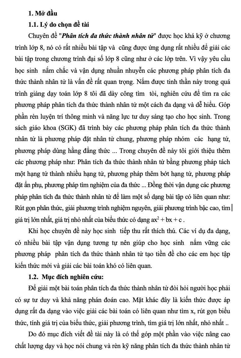 SKKN Rèn luyện kỹ năng phân tích đa thức thành nhân tử. Nhằm nâng cao chất lượng môn toán, cho học sinh lớp 8