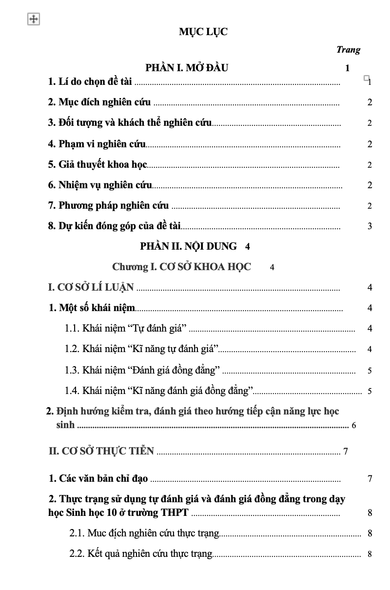 SKKN Rèn luyện kỹ năng tự đánh giá và đánh giá đồng đẳng cho học sinh trong dạy học phần sinh học tế bào - sinh học 10