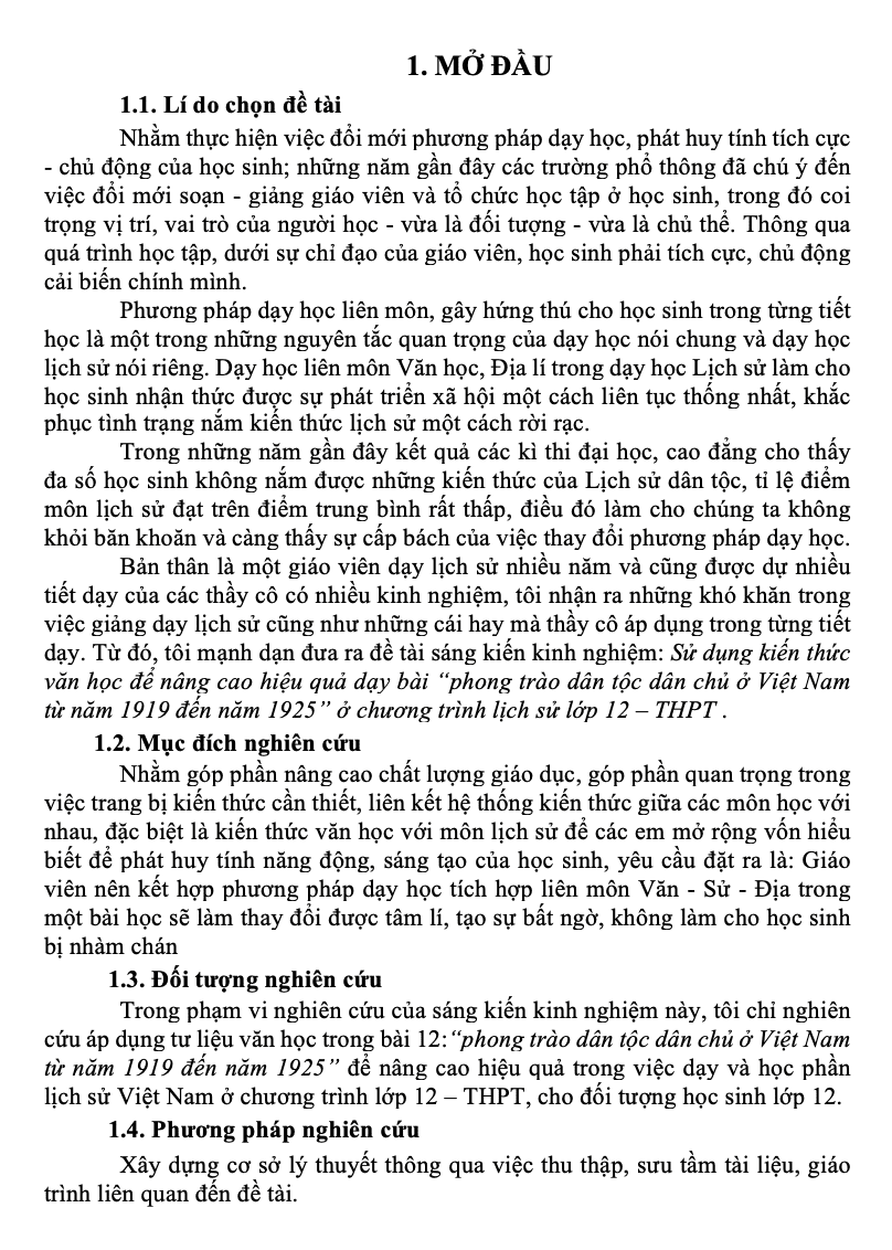 SKKN Sử dụng kiến thức văn học để nâng cao hiệu quả dạy bài “phong trào dân tộc dân chủ ở Việt Nam từ năm 1919 đến năm 1925” ở chương trình lịch sử lớp 12 – THPT