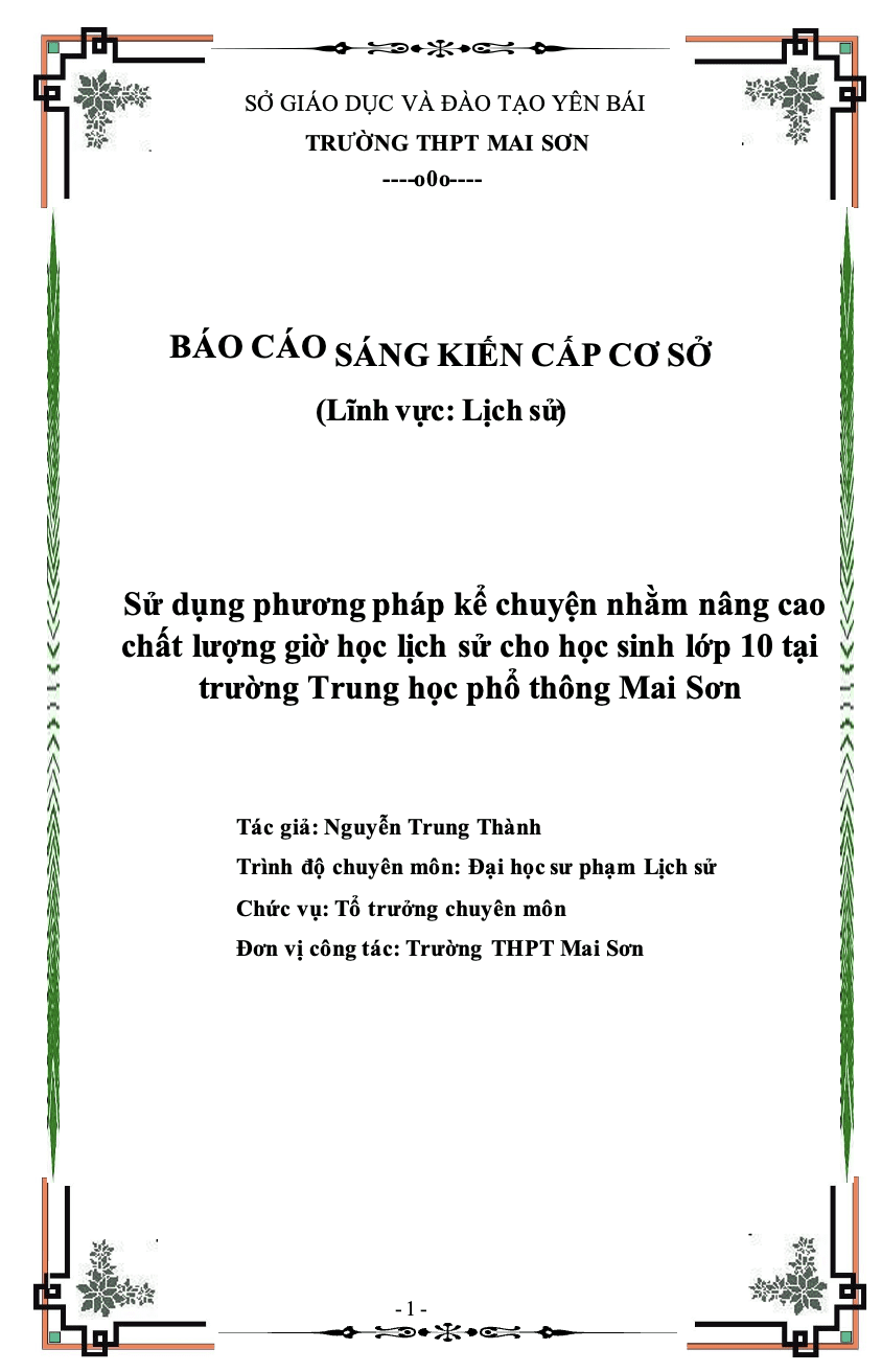 SKKN Sử dụng phương pháp kể chuyện nhằm nâng cao chất lượng giờ học lịch sử cho học sinh lớp 10