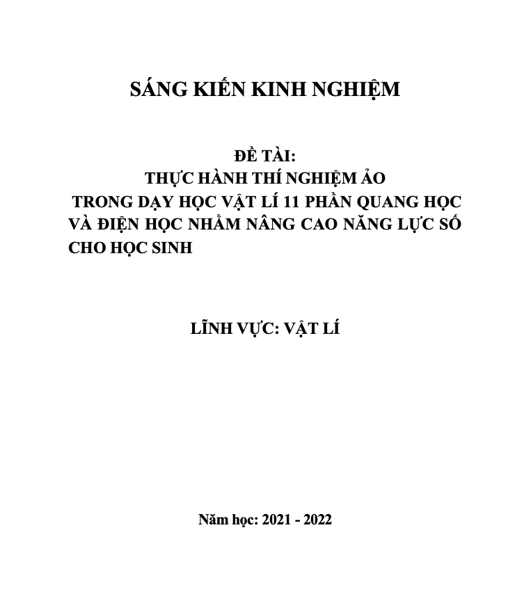 SKKN Thực hành thí nghiệm ảo trong dạy học Vật lí 11 phần quang học và điện học nhằm nâng cao năng lực số của HS