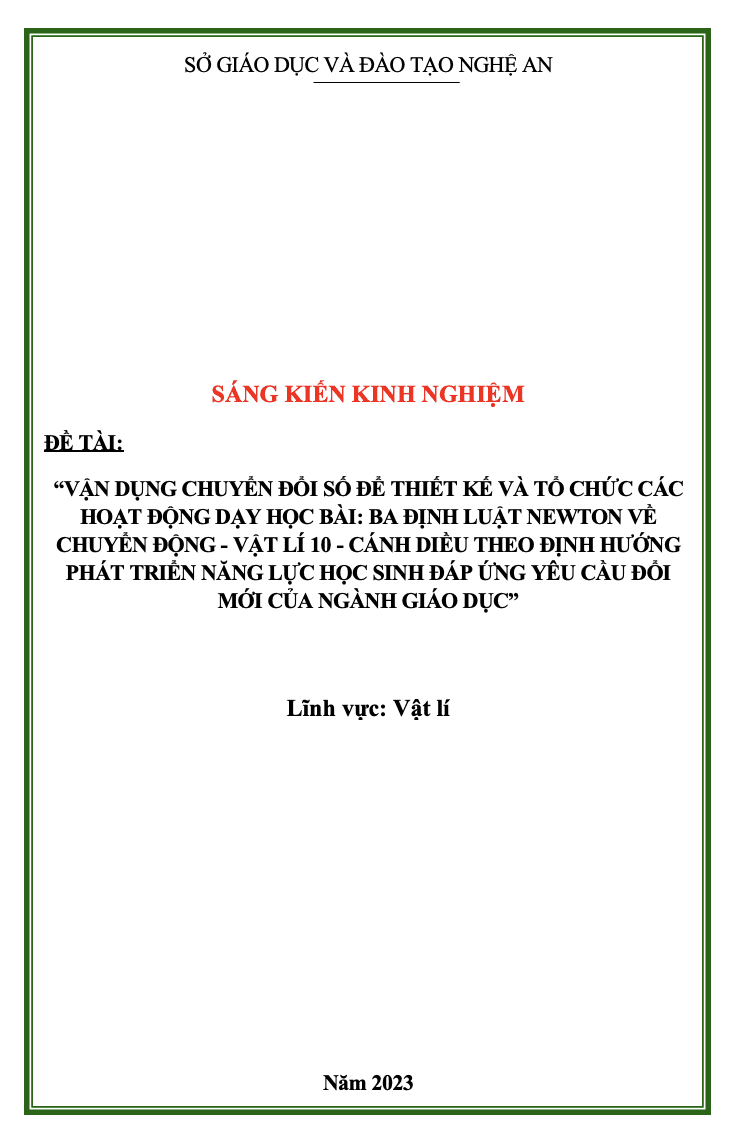 SKKN Vận dụng chuyển đổi số để thiết kế và tổ chức các hoạt động dạy học bài: Ba định luật Newton về chuyển động - Vật lí 10 - Cánh Diều theo định hướng phát triển năng lực học sinh đáp ứng yêu cầu đổi mới của ngành giáo dục”